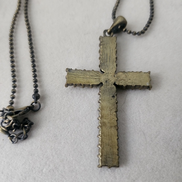Brass Green Crystal Cross Pendant on 18" Chain - Picture 3 of 6